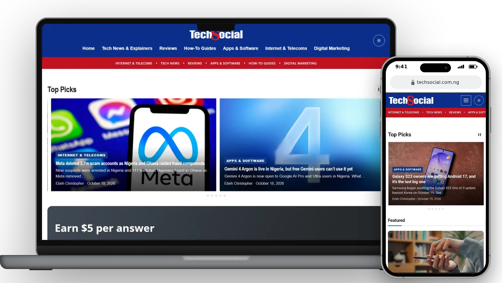 TechSocial homepage on a laptop and a phone